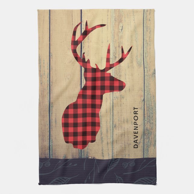 Deer Head with Antlers - Rustic Red Plaid Tea Towel (Vertical)