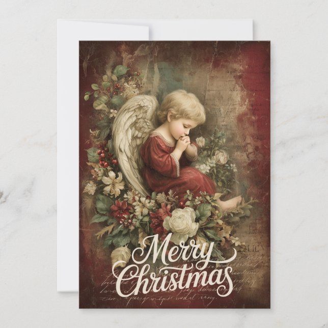 Deer Head with Holly Wreath & Aged Parchment Holiday Card (Front)
