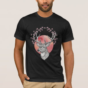 Deer Head with Sakura Cherry Blossoms and Red Sun T-Shirt