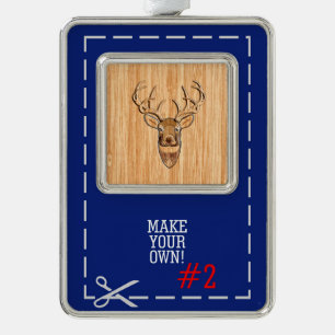 Deer Head Wood Grain Style Silver Plated Framed Ornament