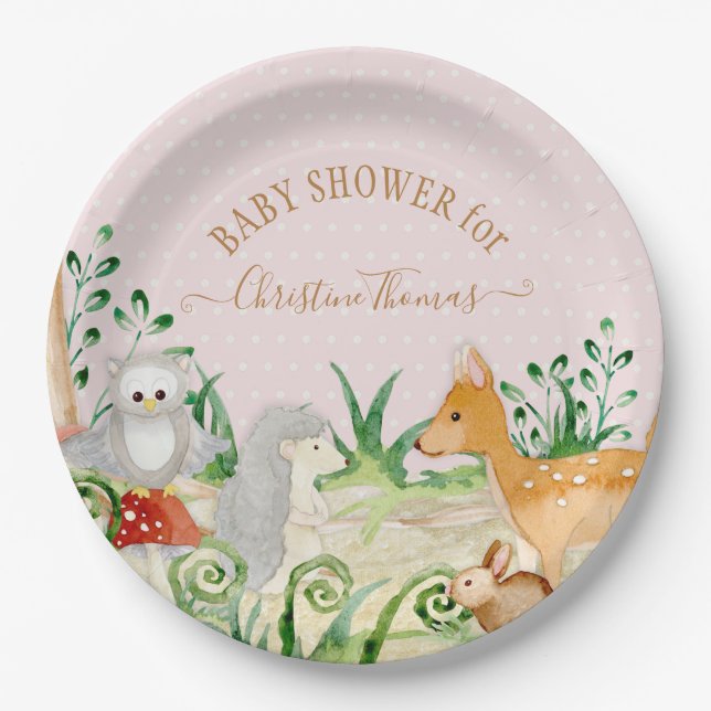 Deer Hedgehog Woodland Creatures Baby Girl Shower Paper Plate (Front)