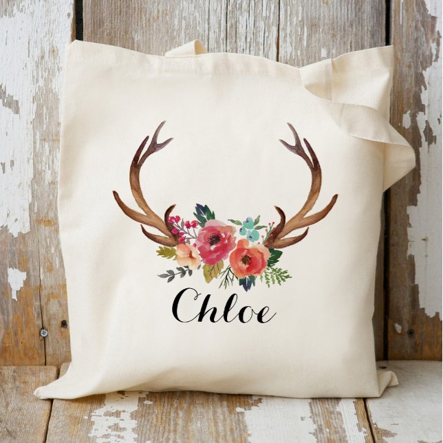 deer horn Floral bridesmaid,Wedding Favour Tote Bag (Creator Uploaded)
