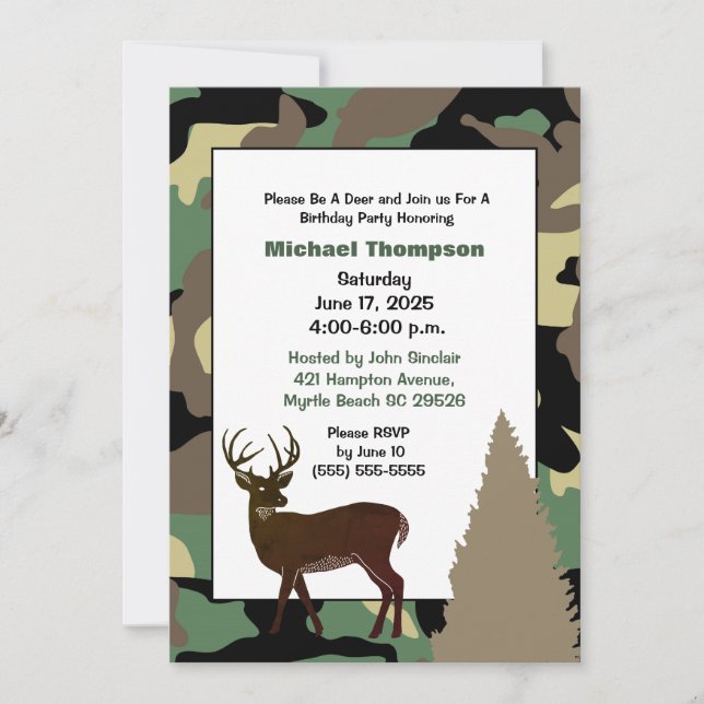 Deer Hunter Camouflage Birthday Invitation (Front)