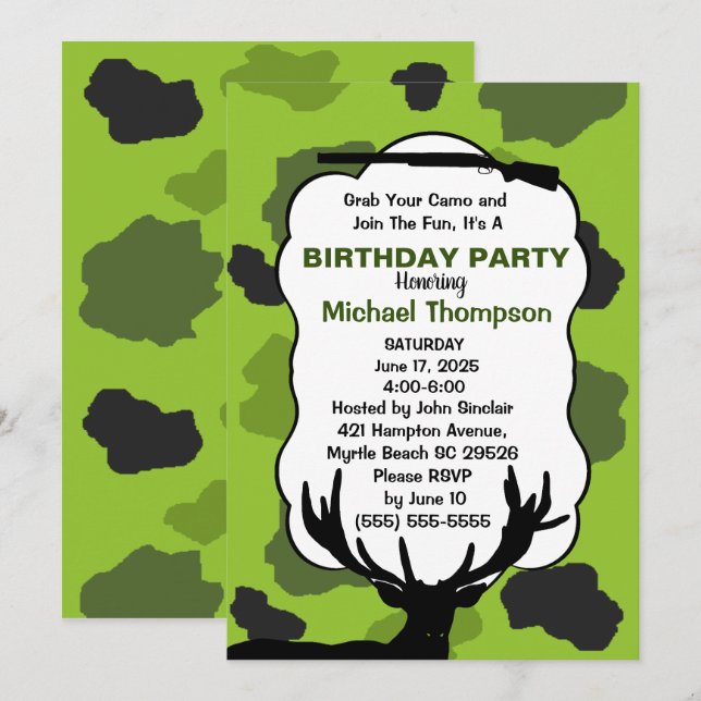 Deer Hunter Camouflage Birthday Party Invitation (Front/Back)