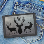 Deer Hunter Hunting Monogrammed Guys Wallet<br><div class="desc">Mens wallet with hunting theme and single initial template.  Distressed,  grey metal design with three animal silhouettes with antlers.  Makes a nice gift for the outdoorsman.  Colours are black and grey,  with option to change binding colour.</div>