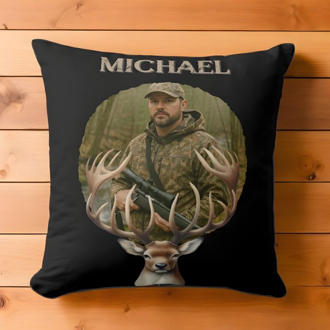 Deer Hunter Personalized Photo Camouflage Name Cushion (Creator Uploaded)