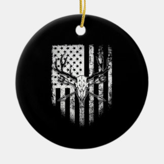 Deer Hunters Deer Skull on American Flag Ceramic Tree Decoration