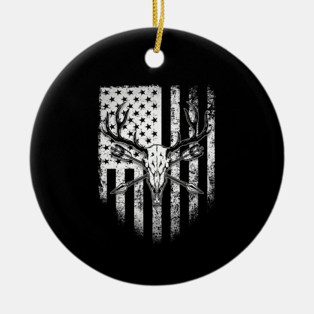 Deer Hunters Deer Skull on American Flag Ceramic Tree Decoration (Front)