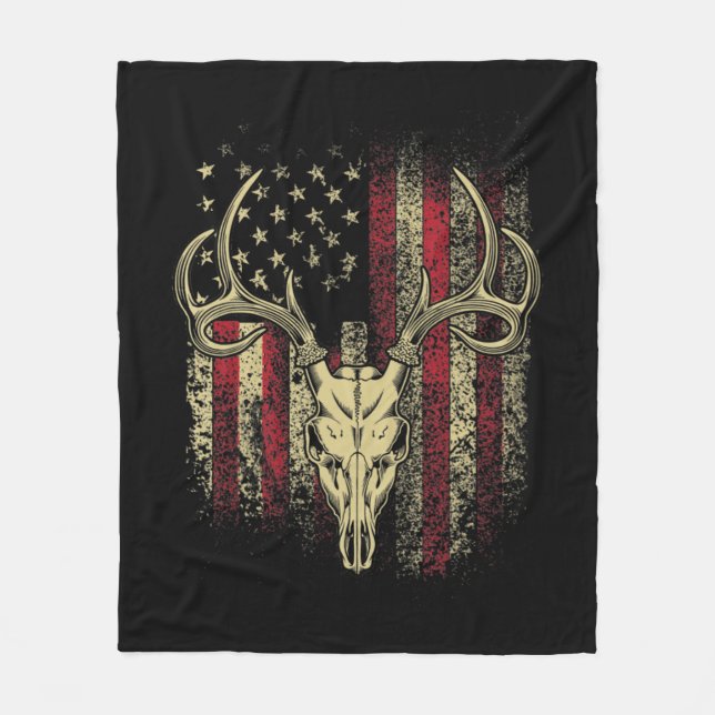 Deer Hunters Deer Skull on American Flag  Fleece Blanket (Front)