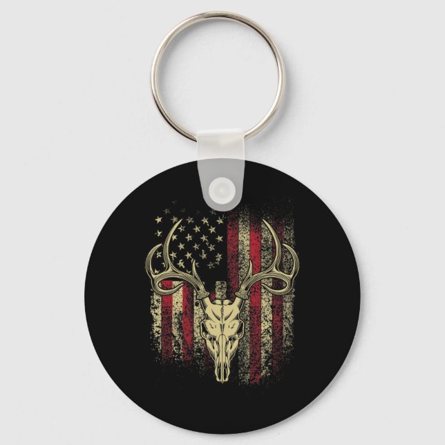 Deer Hunters Deer Skull on American Flag  Key Ring (Front)