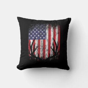 Deer Hunting American Flag Whitetail Buck Antlers Cushion