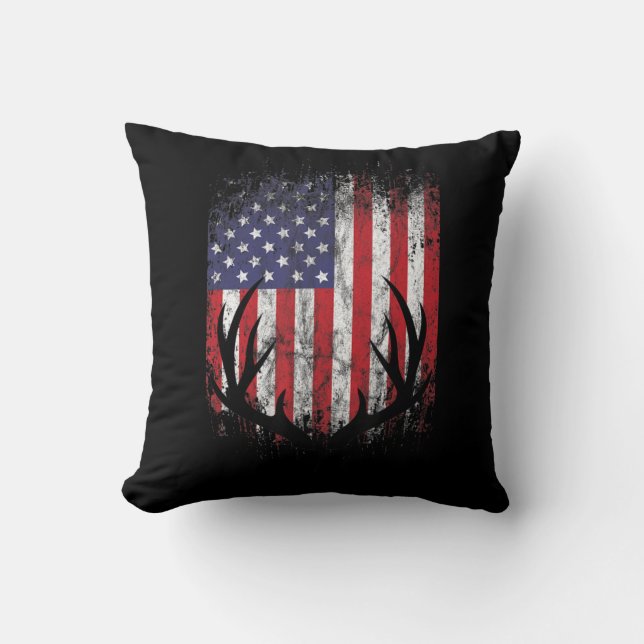Deer Hunting American Flag Whitetail Buck Antlers  Cushion (Front)