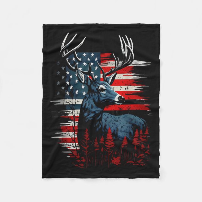 Deer Hunting American Flag Whitetail Buck Antlers  Fleece Blanket (Front)