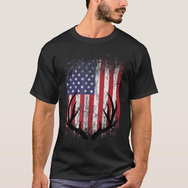 Deer Hunting American Flag Whitetail Buck Antlers T-Shirt (Front)