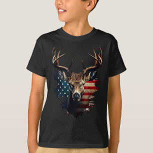 Deer Hunting American Flag Whitetail Buck Antlers  T-Shirt
