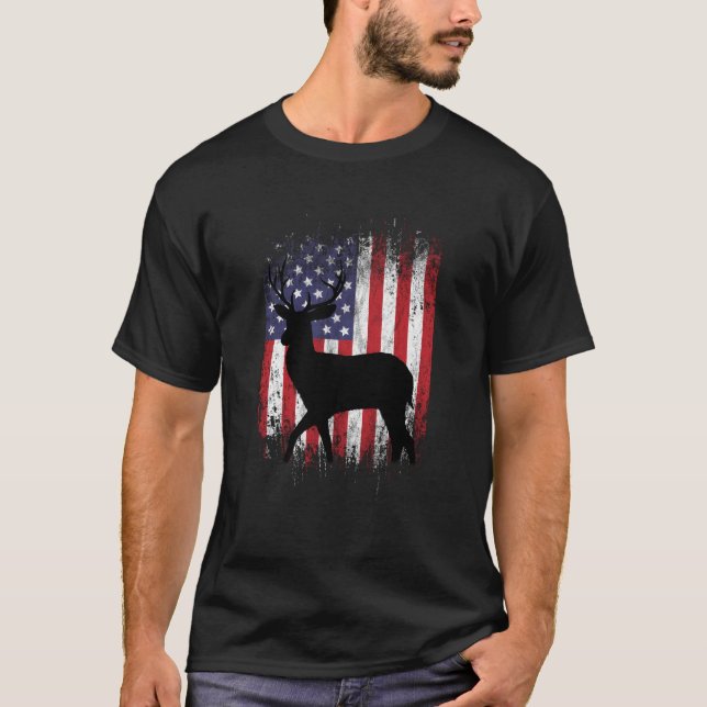 Deer Hunting American Flag Whitetail Buck On Back T-Shirt (Front)