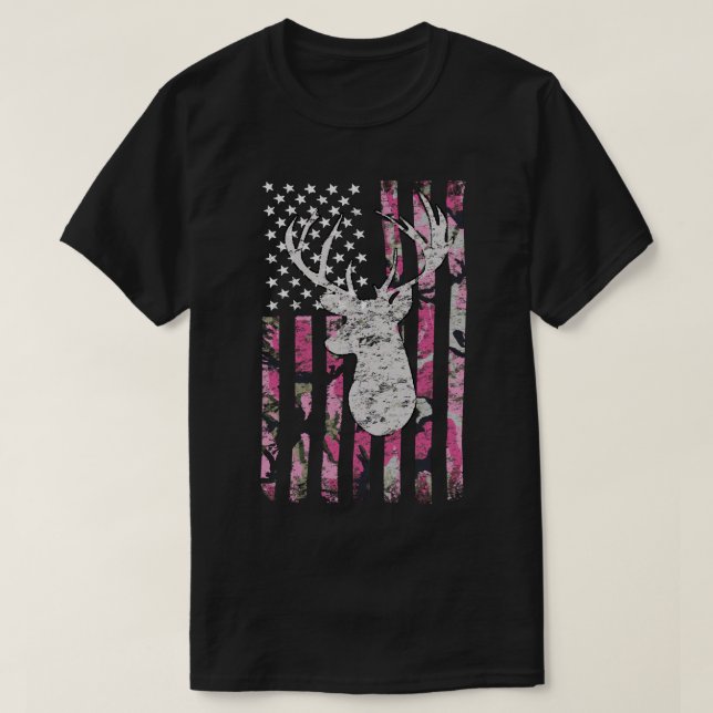 Deer Hunting Camo Pink Camouflage American Flag Bu T-Shirt (Design Front)