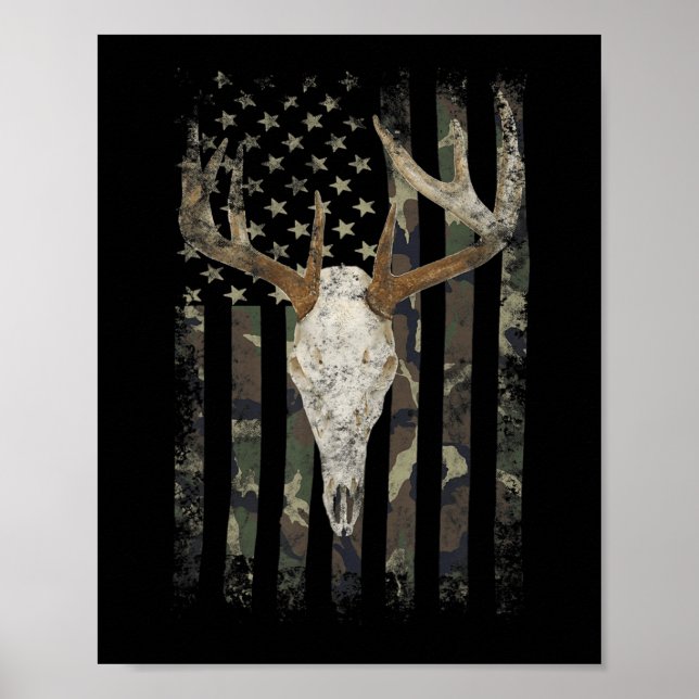 Deer Hunting Skull American Camo USA Flag Whitetai Poster (Front)