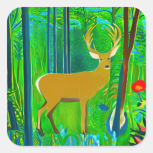 Deer in a Fantasy Forest Setting Square Sticker