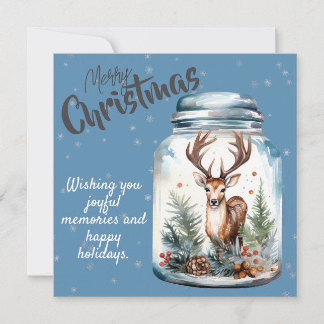 Deer in a Jar Snowflakes Blue Holiday Card (Front)