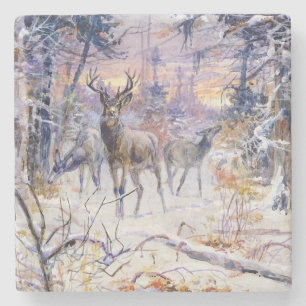 Deer in a Snowy Forest (Winter Season) Stone Coaster