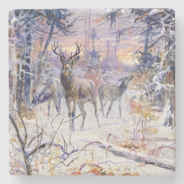 Deer in a Snowy Forest (Winter Season) Stone Coaster (Front)