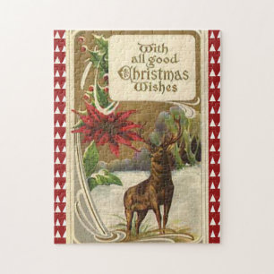 Deer in a Snowy Wood, Poinsettia Christmas Wishes Jigsaw Puzzle
