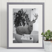 Deer in Bathtub Black White Bathroom art
