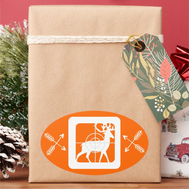 Deer in Crosshairs with Two sets of Crossed Arrows Oval Sticker (Holiday)