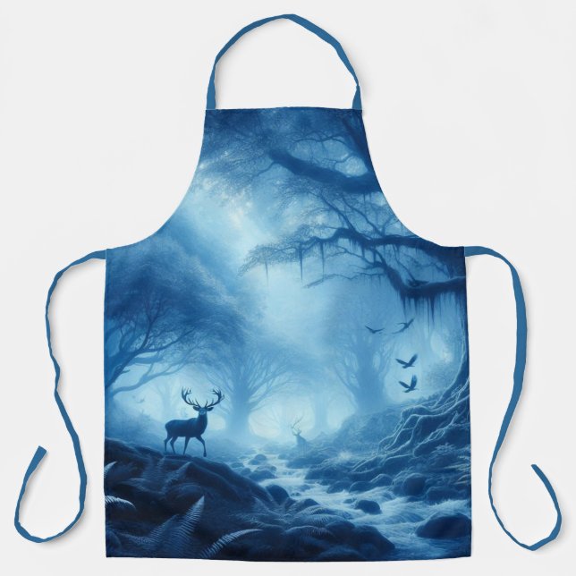 Deer in Dark Forest of Blue Haze Apron (Front)