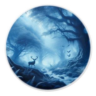 Deer in Dark Forest of Blue Haze Ceramic Knob