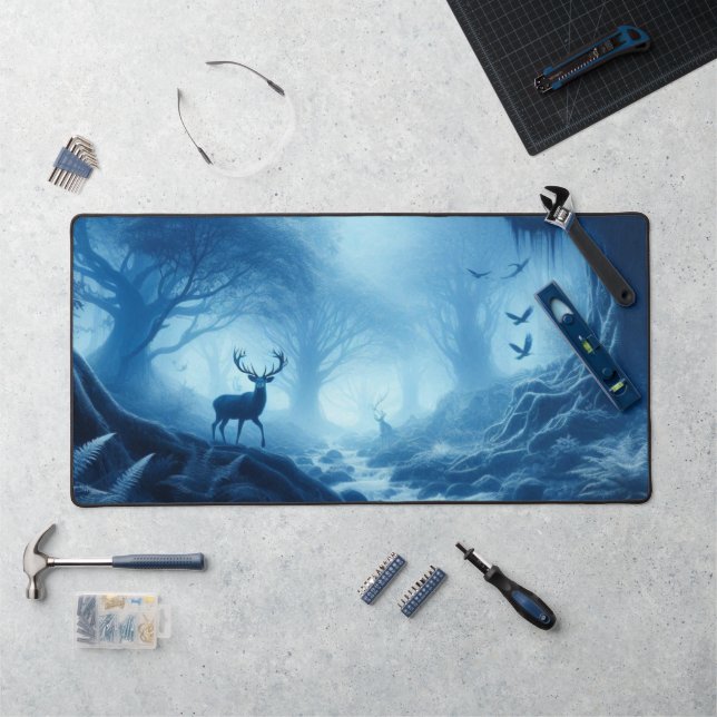 Deer in Dark Forest of Blue Haze Desk Mat (Workstation)