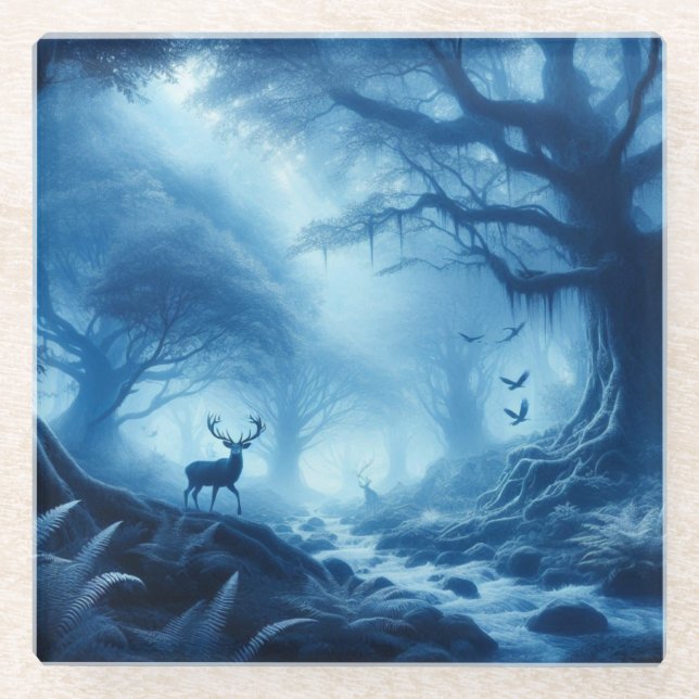 Deer in Dark Forest of Blue Haze Glass Coaster (Front)