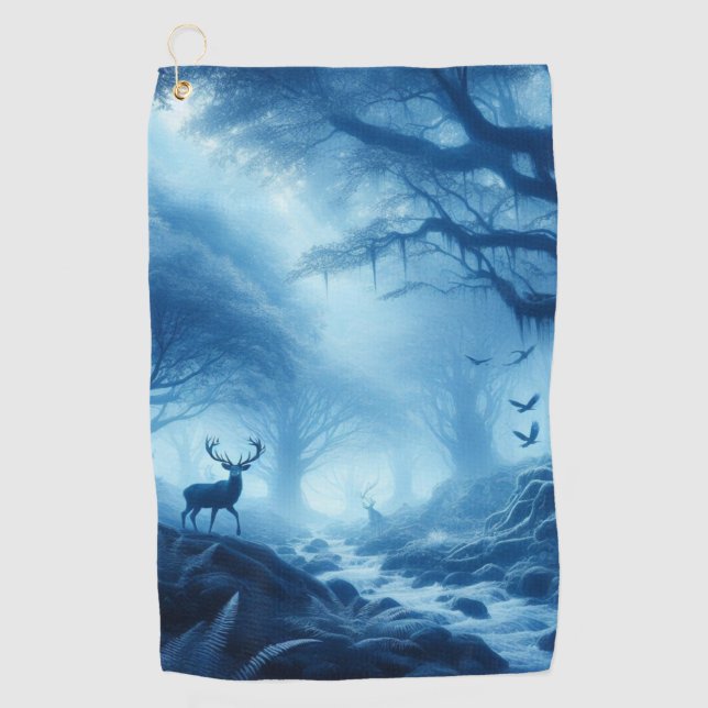 Deer in Dark Forest of Blue Haze Golf Towel (Front)