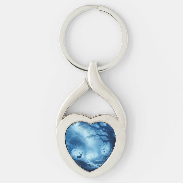 Deer in Dark Forest of Blue Haze Key Ring (Front)