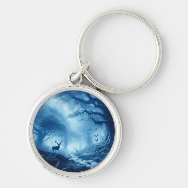 Deer in Dark Forest of Blue Haze Key Ring (Front)