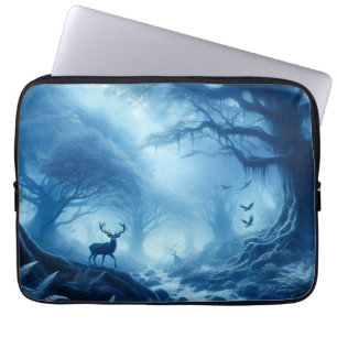 Deer in Dark Forest of Blue Haze Laptop Sleeve