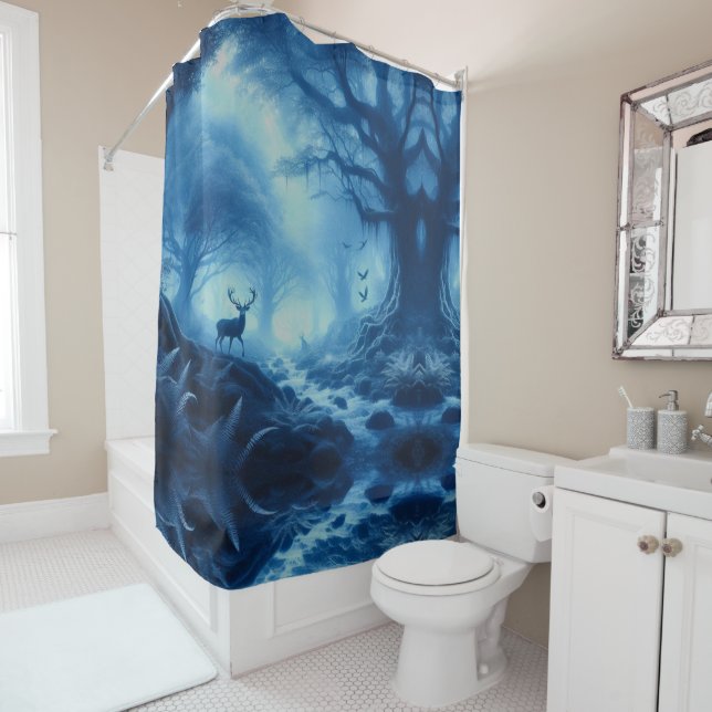 Deer in Dark Forest of Blue Haze Shower Curtain (In Situ)