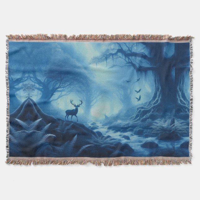 Deer in Dark Forest of Blue Haze Throw Blanket (Front)