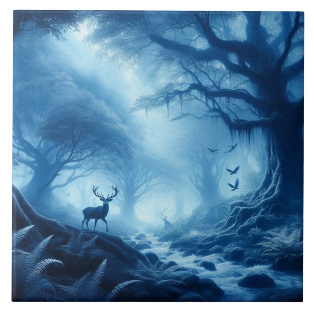 Deer in Dark Forest of Blue Haze Tile (Front)