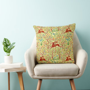 Deer In Forest Retro Art Nouveau Pattern by Voysey Cushion