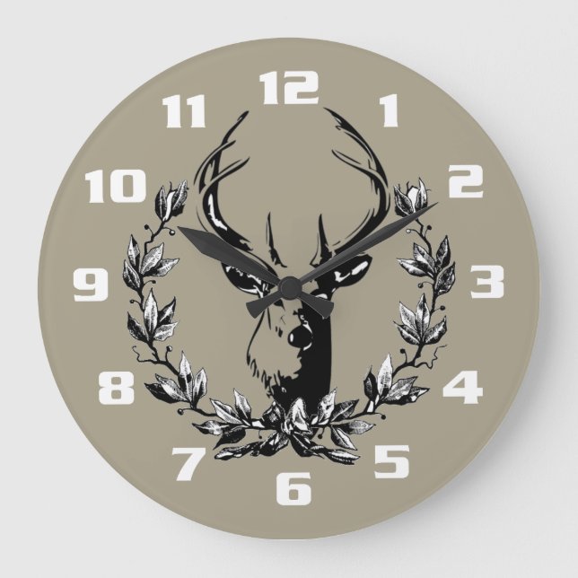 Deer in Laurel Leaves Large Clock (Front)