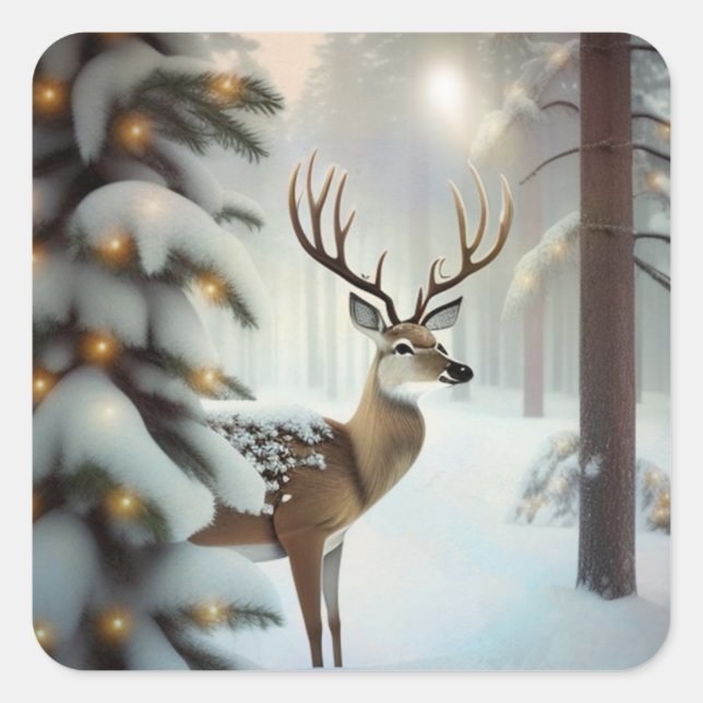 Deer in Magical Forest Square Sticker (Front)