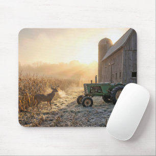 Deer In Morning Mist with Farm Tractor Mouse Pad