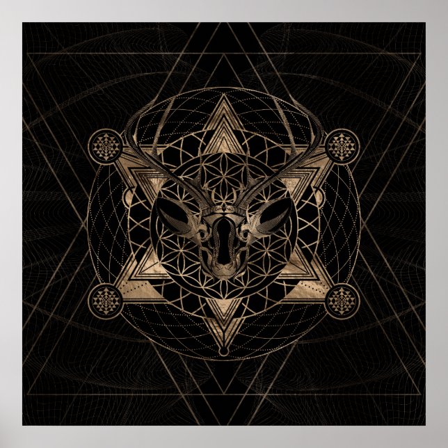 Deer in Sacred Geometry - Black and Gold Poster (Front)