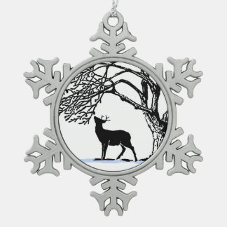 Deer in Snow Snowflake Pewter Christmas Ornament