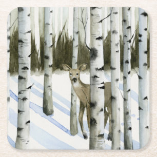 Deer in Snowfall Square Paper Coaster