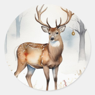 Deer In Snowy Forest Christmas Trees Watercolor Classic Round Sticker