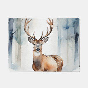 Deer In Snowy Forest Christmas Trees Watercolor Doormat