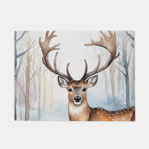 Deer In Snowy Forest Christmas Trees Watercolor Doormat
